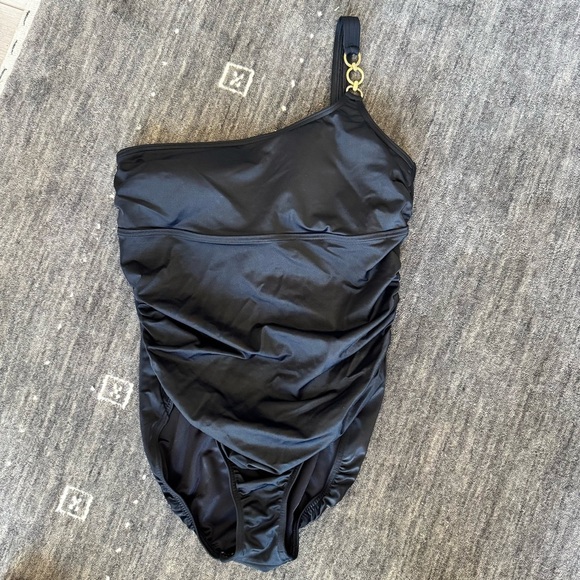 Lands End ruched one-shoulder one-piece swimsuit with metal detail - Picture 1 of 6